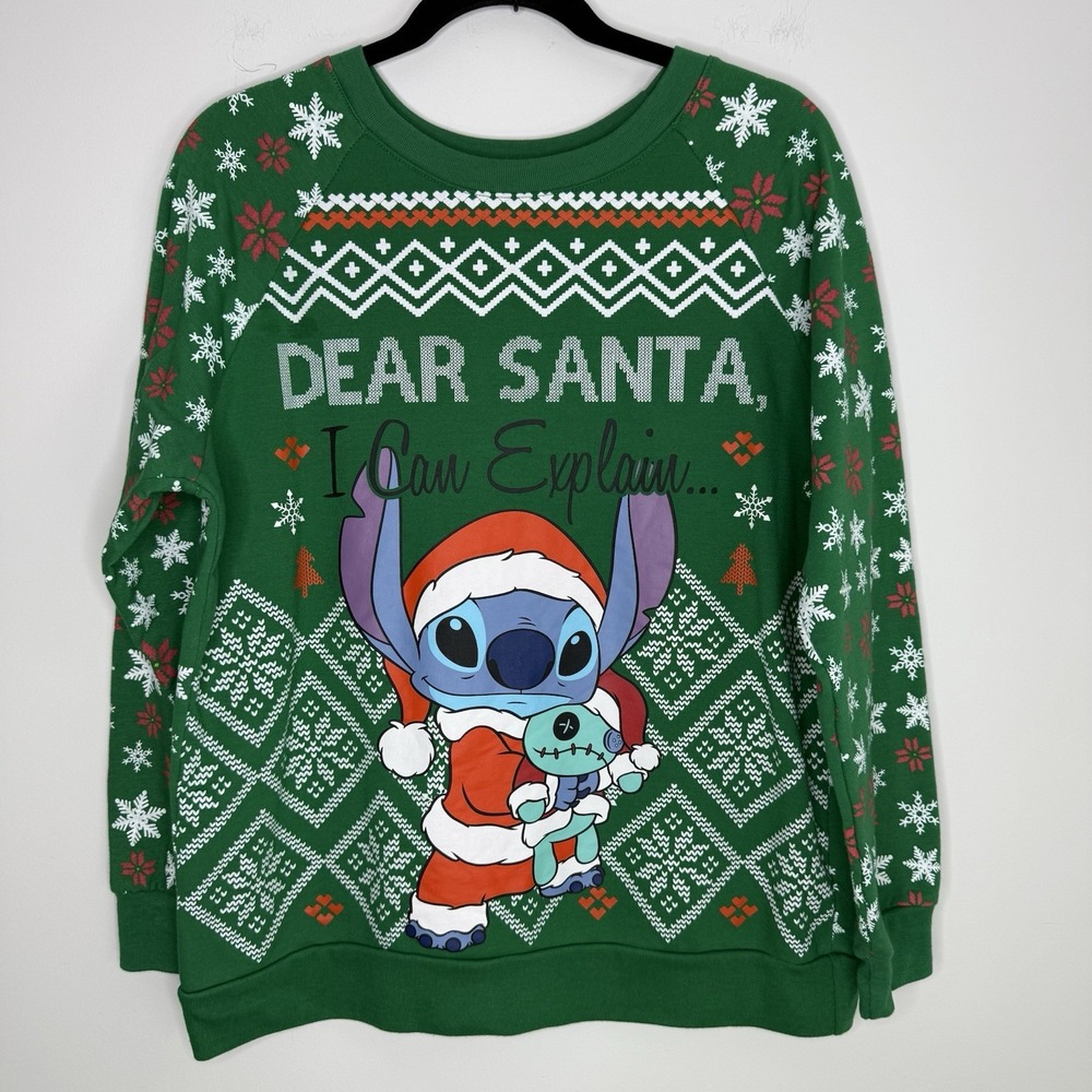 Disney Lilo Stich Christmas Sweatshirt Green "Santa I Can Explain" Size L